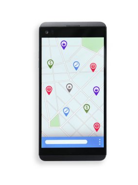 Hareket eden telefon ile ekranda beyaz arka plan harita ve konum işaretçileri
