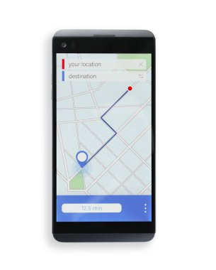 Hareket eden telefon yolu ile harita ekran beyaz arka plan görüntülemek