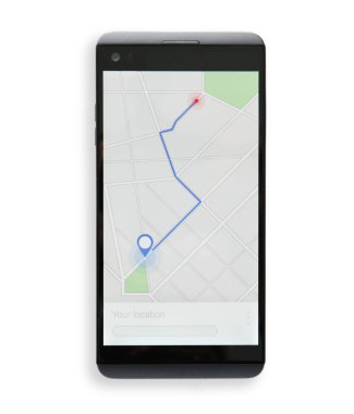 Hareket eden telefon yolu ile harita ekran beyaz arka plan görüntülemek