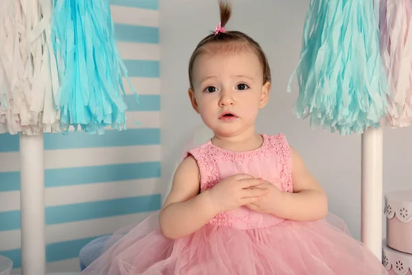 Cute Baby Girl Beautiful Dress Home — Stock Photo, Image