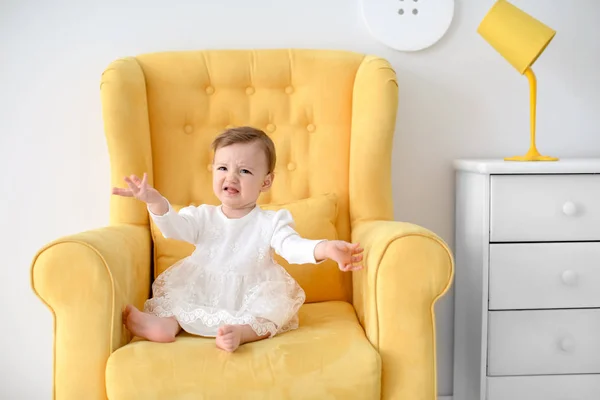 Crying Little Baby Sitting Armchair — Stock Photo, Image