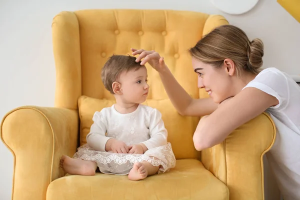 Mother Her Cute Little Baby Sitting Armchair — Stock Photo, Image