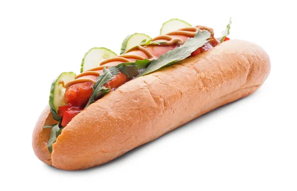 Hot Dog Savoureux Sur Fond Blanc — Photo