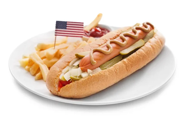 Plate Tasty Hot Dog French Fries Usa Flag White Background — Stock Photo, Image