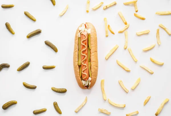 Tasty Hot Dog Pickled Cucumbers French Fries White Background — Stock Photo, Image