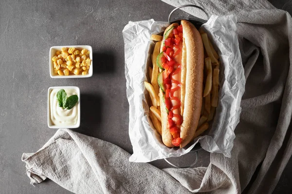 Composition Tasty Hot Dog Grey Background — Stock Photo, Image