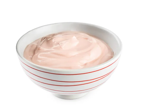 Cuenco Con Sabroso Yogur Sobre Fondo Blanco — Foto de Stock