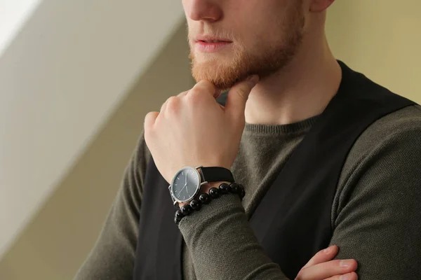 Fashionable Young Man Watch Indoors Closeup — Stock Photo, Image