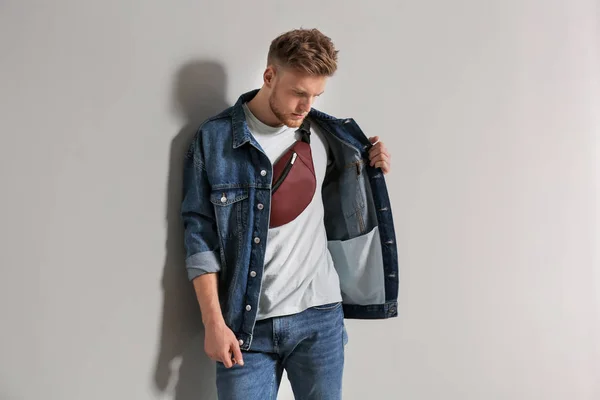 Fashionable Young Man Bag Light Background — Stock Photo, Image