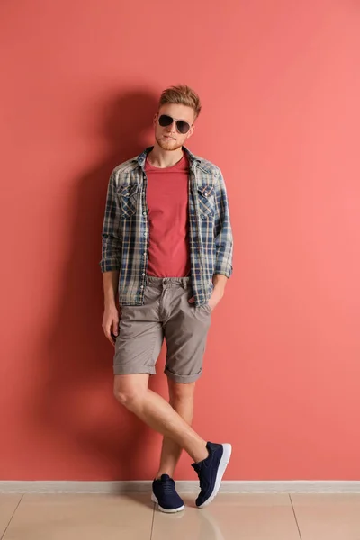 Fashionable Young Man Color Wall — Stock Photo, Image