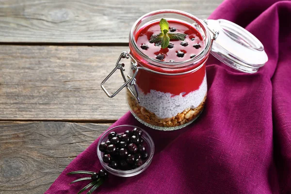 Glass Jar Tasty Acai Dessert Wooden Table — Stock Photo, Image