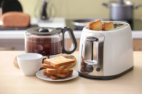 Toaster Bread Slices Carafe Hot Coffee Table — Stock Photo, Image