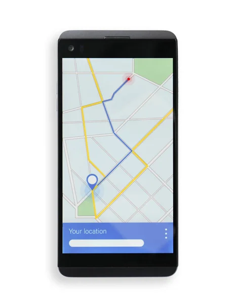 Mobilní Telefon Zobrazení Mapy Trasou Obrazovce Před Bílým Pozadím — Stock fotografie