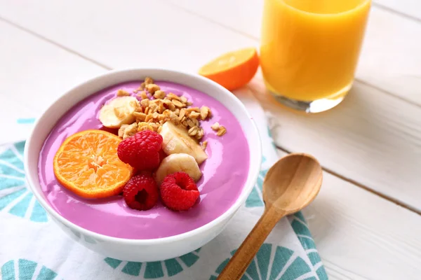 Bowl Tasty Acai Smoothie Glass Juice Table — Stock Photo, Image