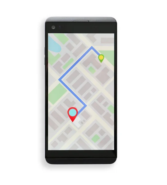 白い背景に 画面上のルートと地図を表示する携帯電話 — ストック写真