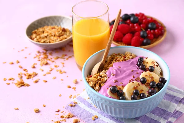 Bowl Tasty Acai Smoothie Glass Juice Table — Stock Photo, Image