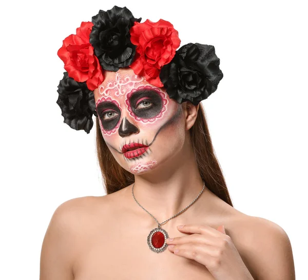 Young Woman Painted Skull Her Face Mexico Day Dead White — 图库照片