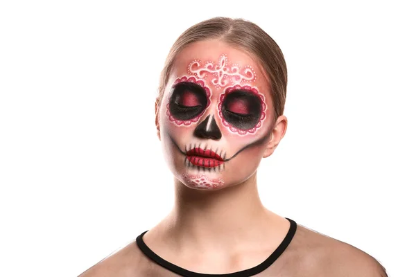 Young Woman Painted Skull Her Face Mexico Day Dead White — 图库照片