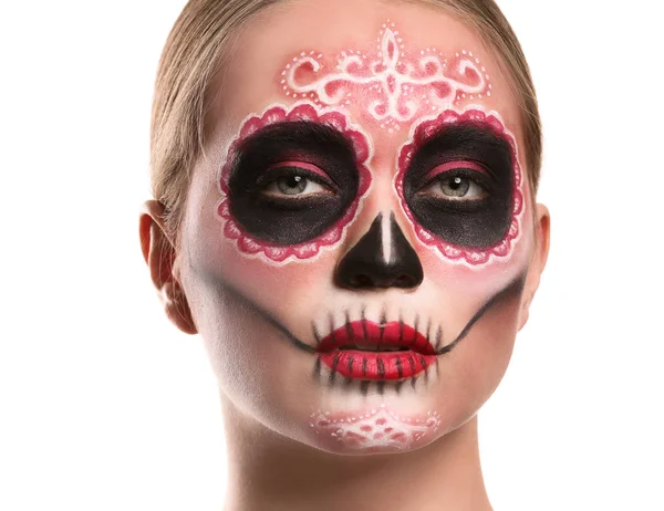 Young Woman Painted Skull Her Face Mexico Day Dead White — Stock Photo, Image