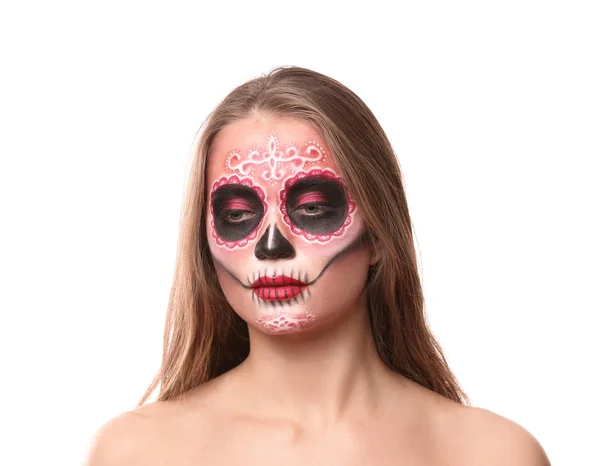 Young Woman Painted Skull Her Face Mexico Day Dead White — Stock Photo, Image