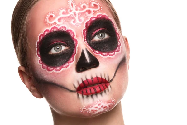 Young Woman Painted Skull Her Face Mexico Day Dead White — Stock Photo, Image