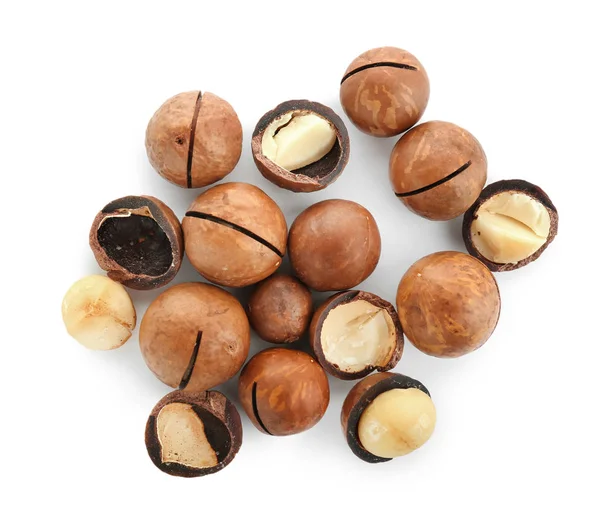 Chutné Ořechy Macadamie Bílém Pozadí — Stock fotografie