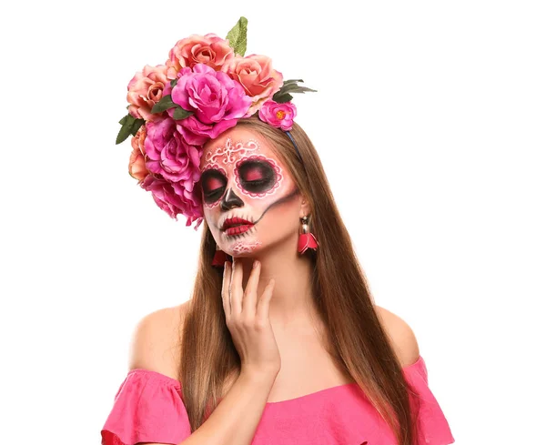 Young Woman Painted Skull Her Face Mexico Day Dead White — 图库照片