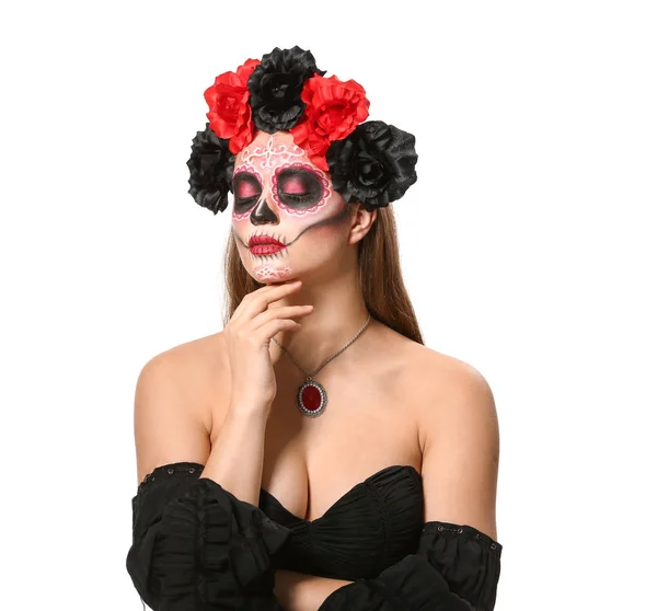 Young Woman Painted Skull Her Face Mexico Day Dead White — 图库照片