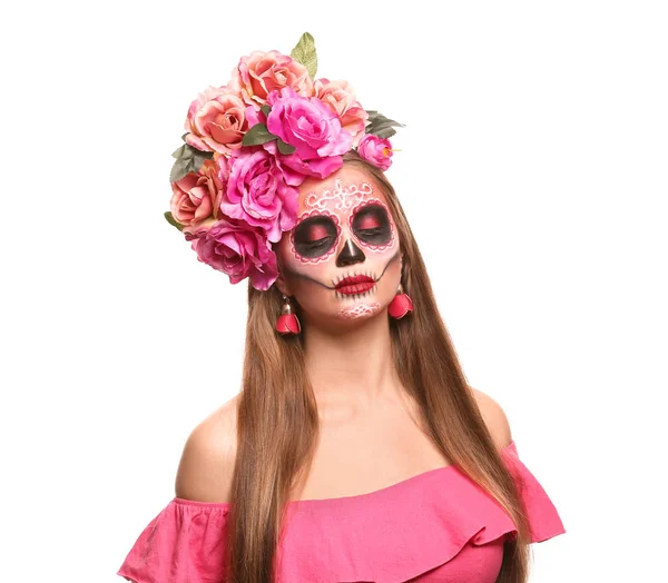 Young Woman Painted Skull Her Face Mexico Day Dead White — Stock Photo, Image