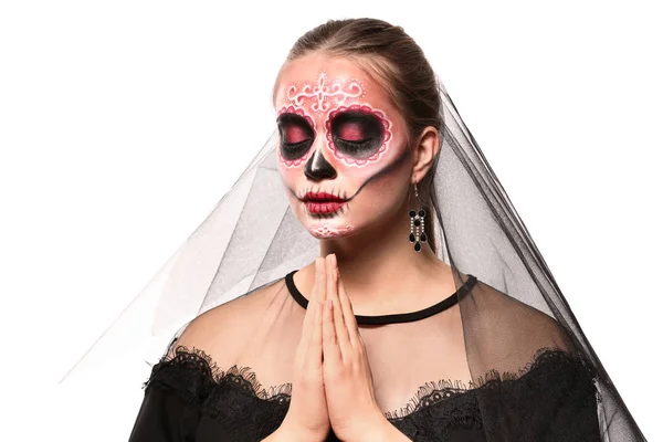 Молодая Женщина Раскрашенным Черепом Лице День Мертвых Мексике Белом Фоне — стоковое фото