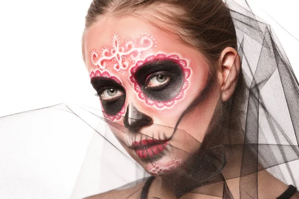 Young Woman Painted Skull Her Face Mexico Day Dead White — Stock Photo, Image