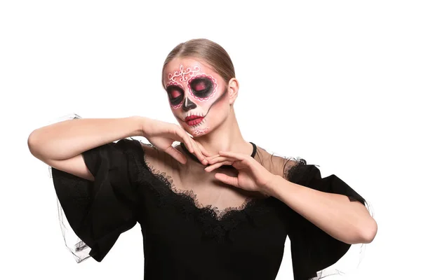 Young Woman Painted Skull Her Face Mexico Day Dead White — Stock Photo, Image