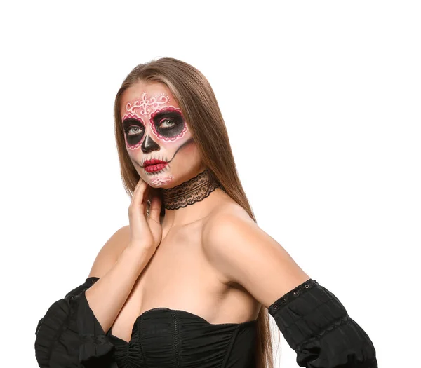 Young Woman Painted Skull Her Face Mexico Day Dead White — 图库照片