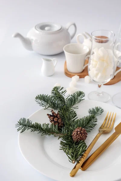 Beautiful Christmas table setting on light background — Stock Photo, Image