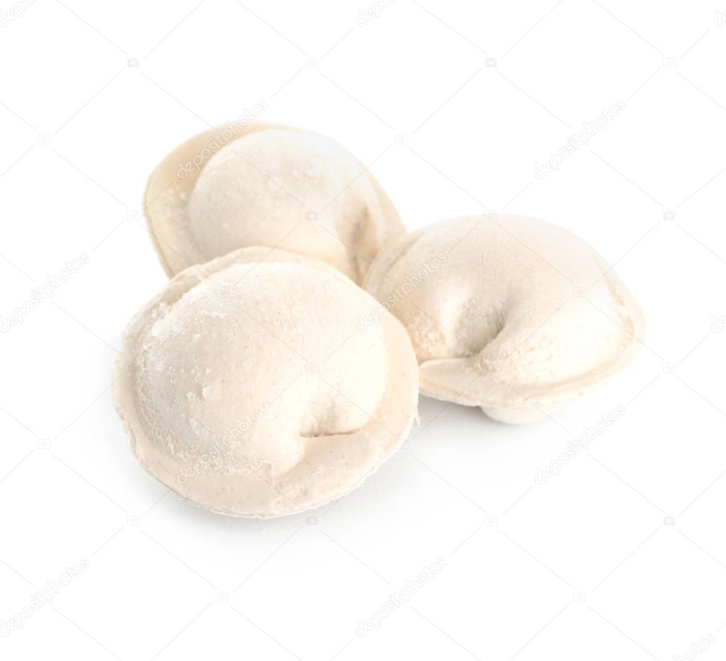 Fresh raw dumplings on white background