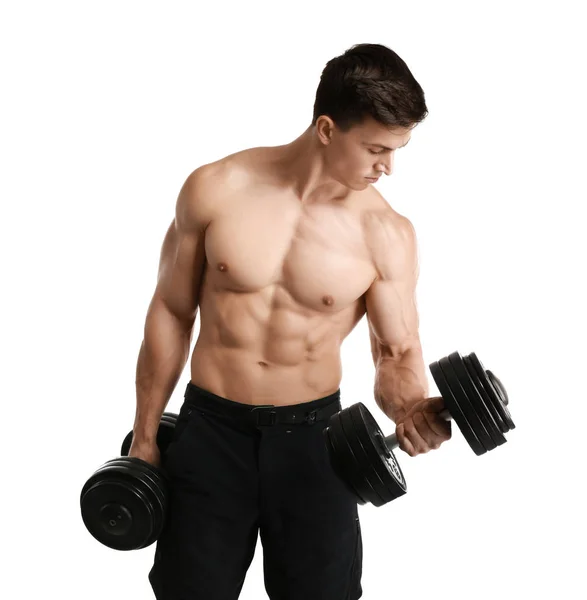 Muscular bodybuilder with dumbbells on white background — Stock Photo, Image