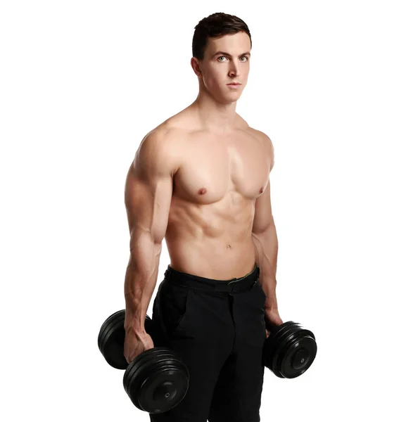 Muscular bodybuilder with dumbbells on white background — Stock Photo, Image