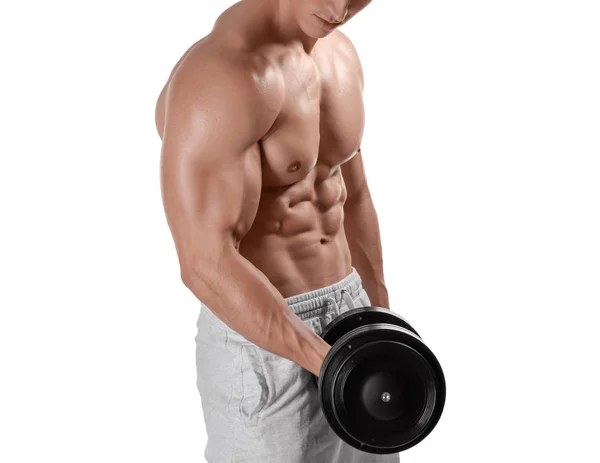 Muskulös bodybuilder med hantel på vit bakgrund — Stockfoto