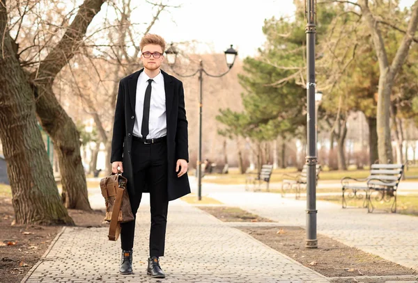 Handsome businessman with stylish briefcase in city park — Stock Photo, Image