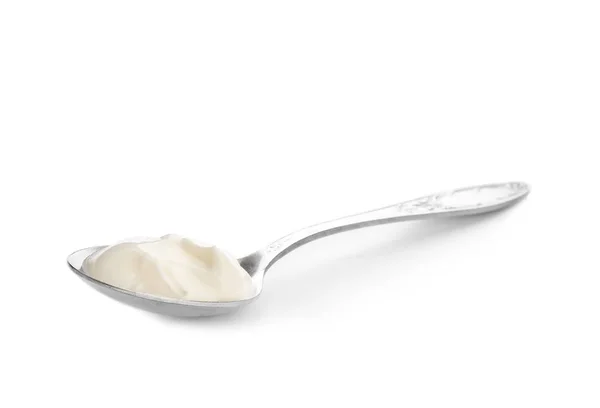 Löffel mit leckerem Joghurt auf weißem Hintergrund — Stockfoto