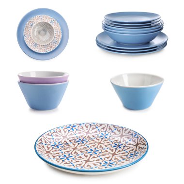 Beyaz arka plan üzerinde farklı seramik sofra