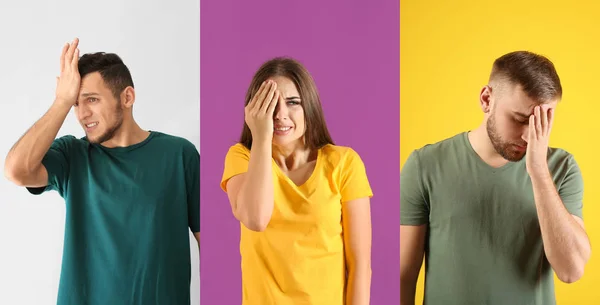 Emotionele jonge mensen na het maken van fout op gekleurde achtergrond — Stockfoto
