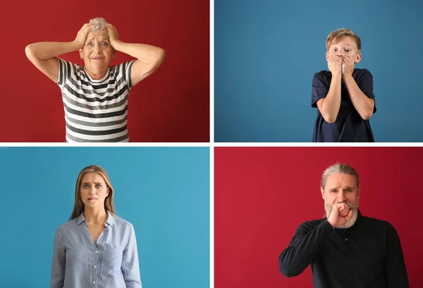 Emotional people after making mistake on color backgrounds — Stock Photo, Image