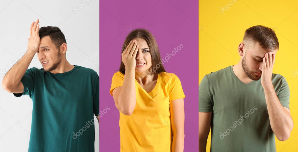 Emotional young people after making mistake on color backgrounds