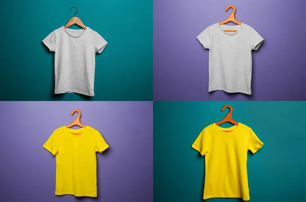 Diferentes camisetas infantiles sobre fondo de color —  Fotos de Stock
