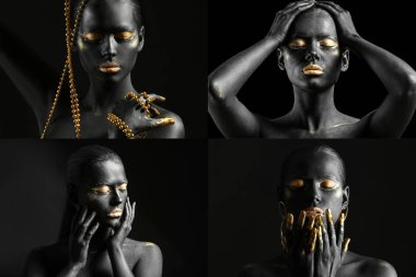Siyah ve altın renkleri ile boyalı güzel kadınla fotoğrafları kolaj bir