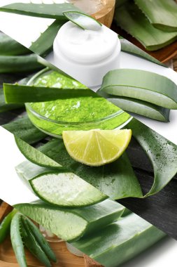 Aloe Vera ve kozmetik ürünleri ile fotoğrafları kolaj bir