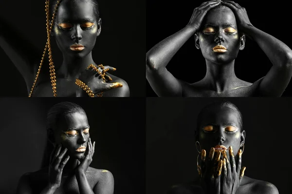 Collage of photos with beautiful woman painted with black and golden colors — Stock Photo, Image