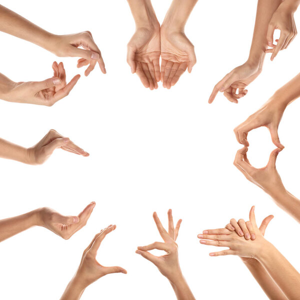 Frame made of gesturing female hands on white background