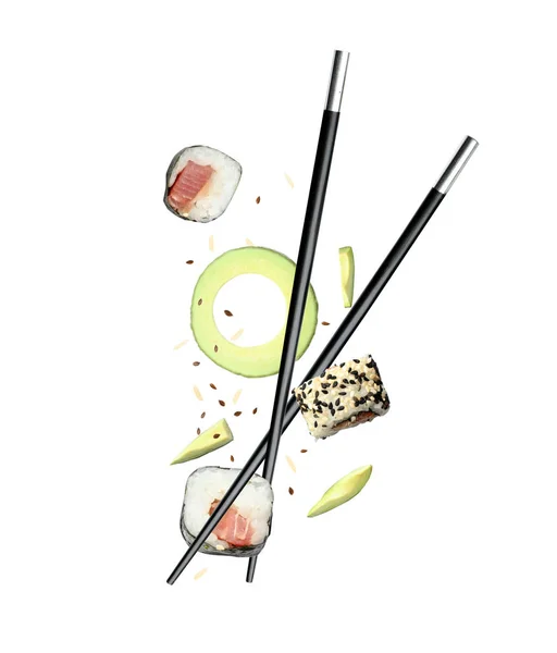 Tasty sushi rolls, avocado and chopsticks on white background — Stock Photo, Image